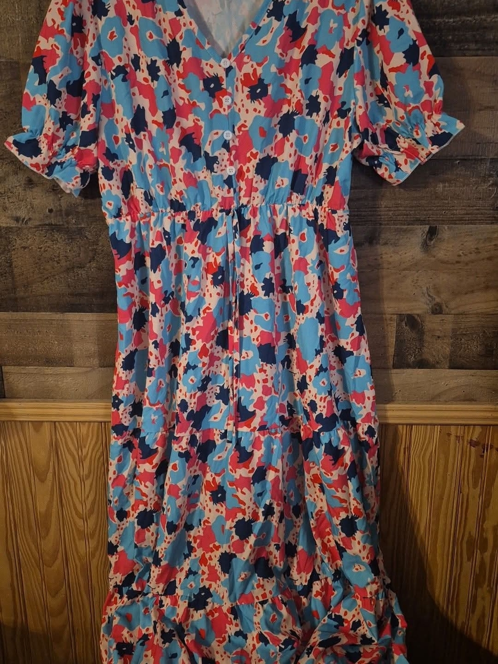 Women's Floral V-Neck Tiered Midi Dress in Blue, Pink & Navy